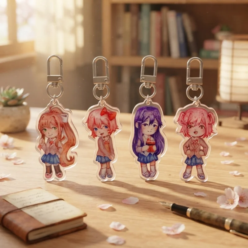 Фото Брелок из акрила 5 см с персонажами Monika, Sayori, Yuri, Natsuki, с акварельным рисунком и металлическим карабином, Doki Doki Literature Club, коллекционный подарок для сумки №1