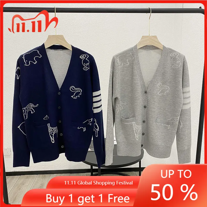 

Chaopai Spring New Versatile Age Reducing Four Bar Long Sleeve Loose TB Animal Pattern V-Neck Knitted Cardigan Women