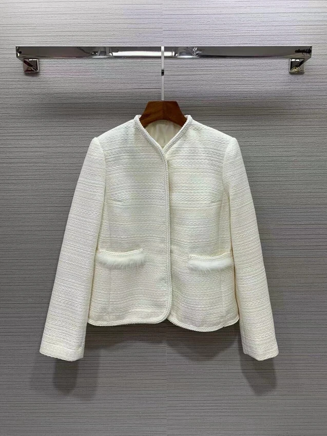 

2022 new women fashion high quality long sleeve v neck trim hair pocket wool profile jacket 1108