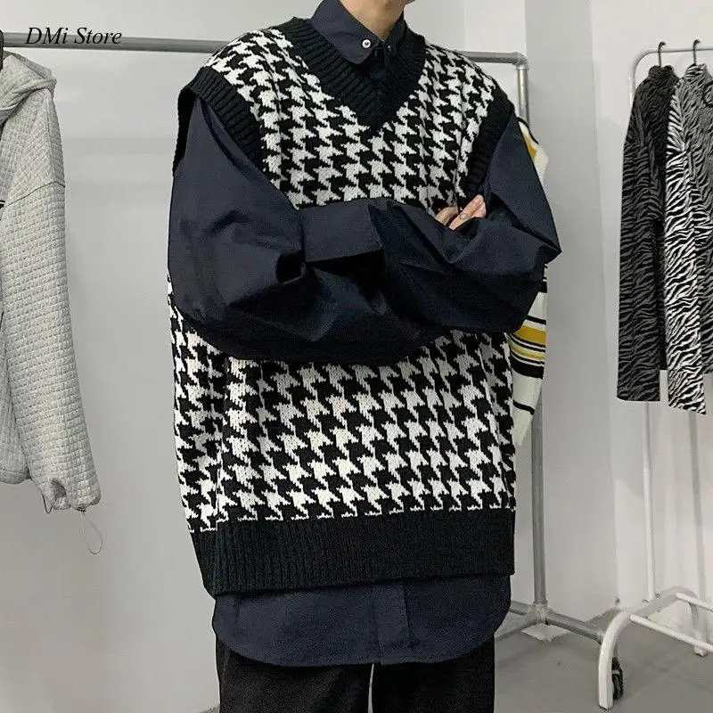 Korean Clothes Casual Loose Retro Pullover Men Knitting Sweaters Men's Sweater Vest V-neck Fashion Harajuku Sweater Personality
