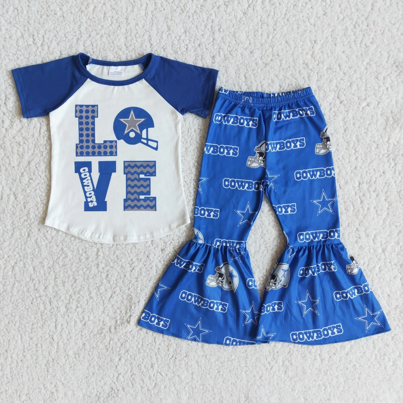 

RTS Valentine's Day Western Baby Girl Clothes Blue LOVE Short Sleeves Tee Shirt Bell Pants Boutique Outfits Children Wear