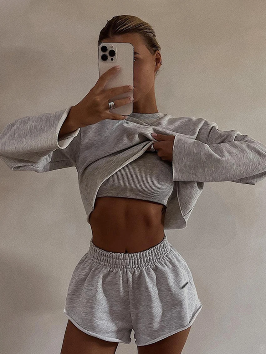 

Marthaqiqi Casual Women Sleepwear 3 Piece Set O-Neck Pajama Long Sleeve Nightwear Tank Tops Nightgown Shorts femme Home Clothes