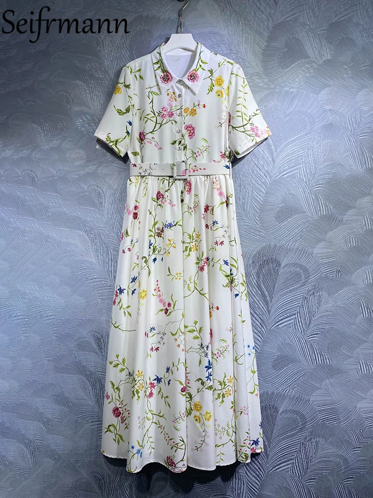 Seifrmann High Quality Summer Women Fashion Runway Maxi Dress Short Sleeve With Belt Crystal Appliques Flower Printed Dresses