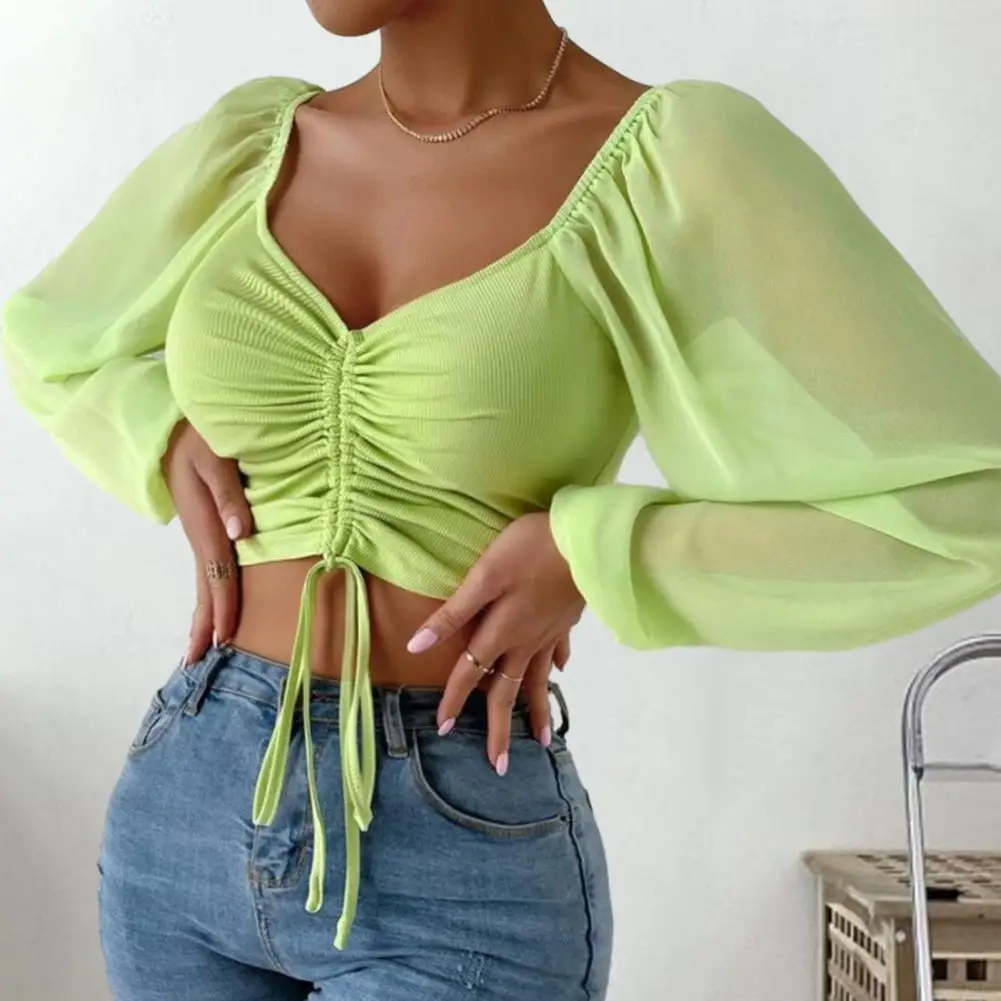 

Women V-neck Lantern Long Sleeve Cropped Tops Chiffon Lace-up Solid Color Navel Exposed Slim Fit Pullover Tops Blouse Streetwear