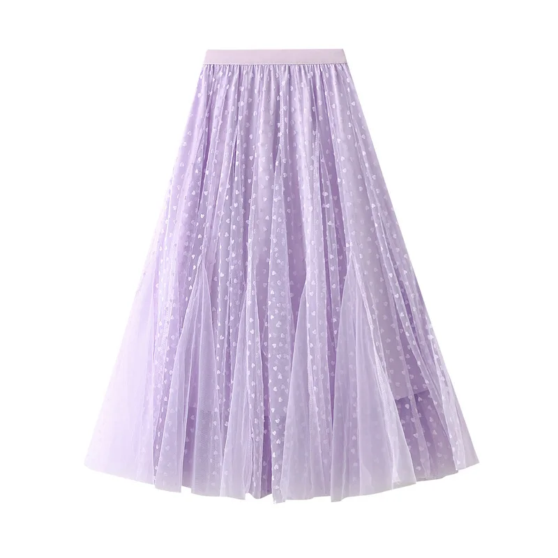 

Autumn Polka Dotted Long Mesh Skirt Big Swing Heart Dots A-line Pleated Long Skirts