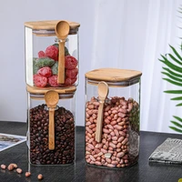 1200ml square glass storage jar with wooden spoon sealed tea cans home large capacity candy nut storage bottle kitchen container
