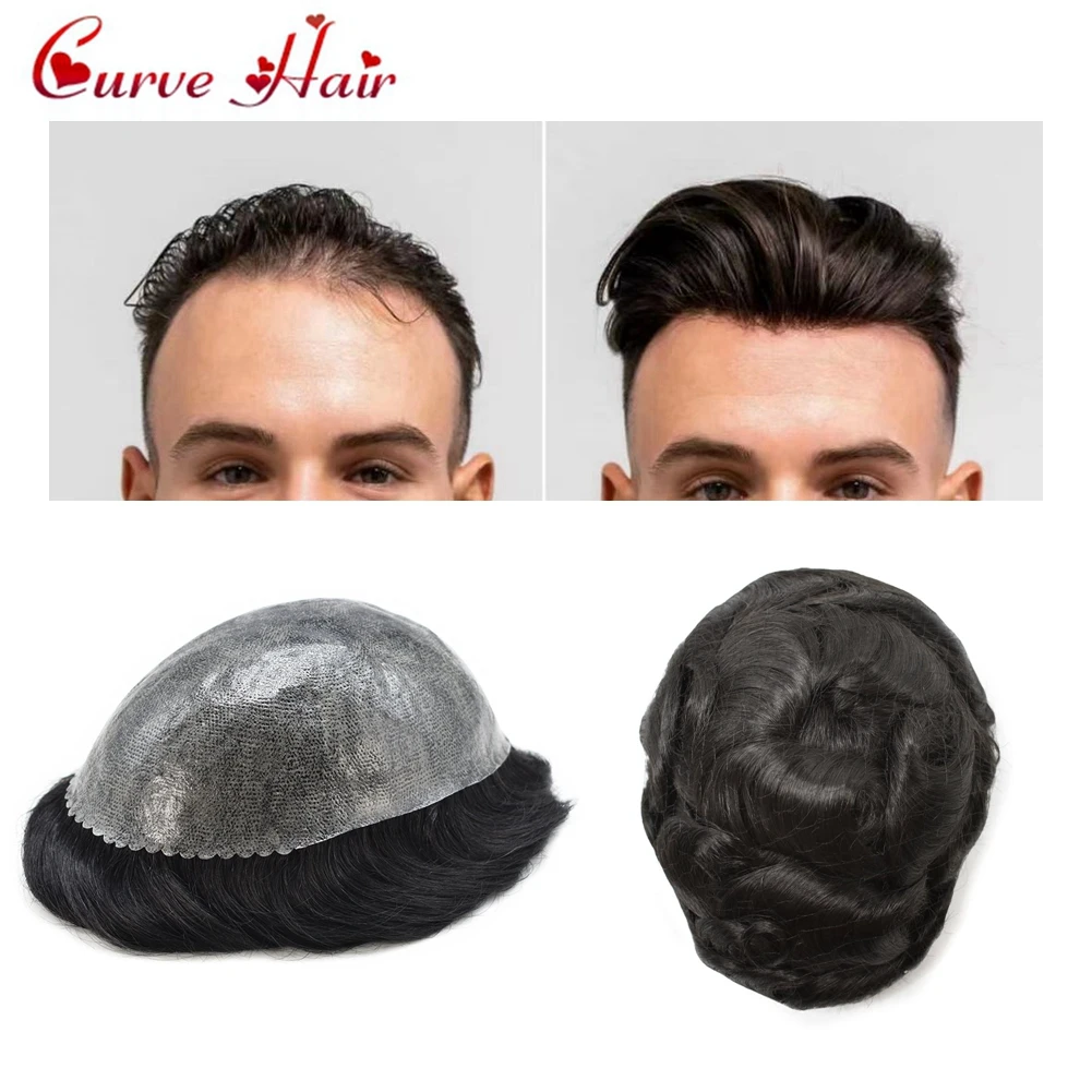 Mens Toupee Male Hair Prosthesis Remy Human Hair System Toupee for Men Hairpiece Durable 0.10-0.12mm Thin Poly PU Wigs for Man