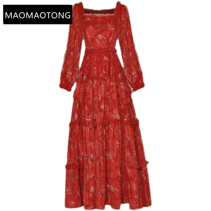 

Dresses For Women 2022 Luxury Designer Runway Autumn Party Lantern sleeve Red Flower print Vacation mesh lace long maxi Dress