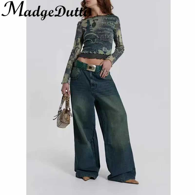 

3.18 MadgeDutti Spring New Print Letter Double-deck Mesh Long Sleeve T-Shirt Or High Waist Washed Distressed Jeans Set Women