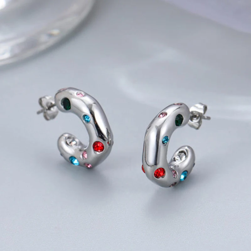 Shiny Multicolour Zircon CC Shape Hoop Earrings For Women 18K Gold Plated Stainless Steel Circle Earrings Jewelry