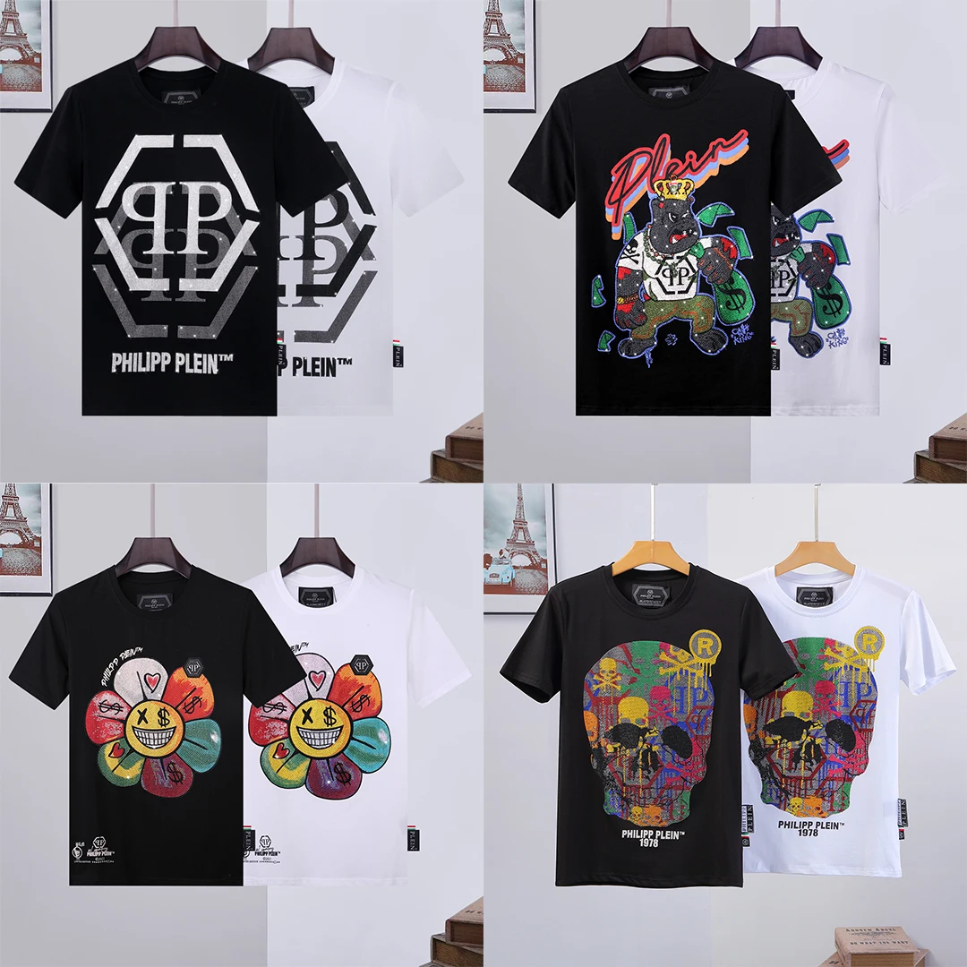 

New QP Men 3D T-Shirt Skull Pattern Crew Neck Short Sleeve PHILIPPs Top Hip Hop Street Sportswear Male Pleins T-Shirt Clothing