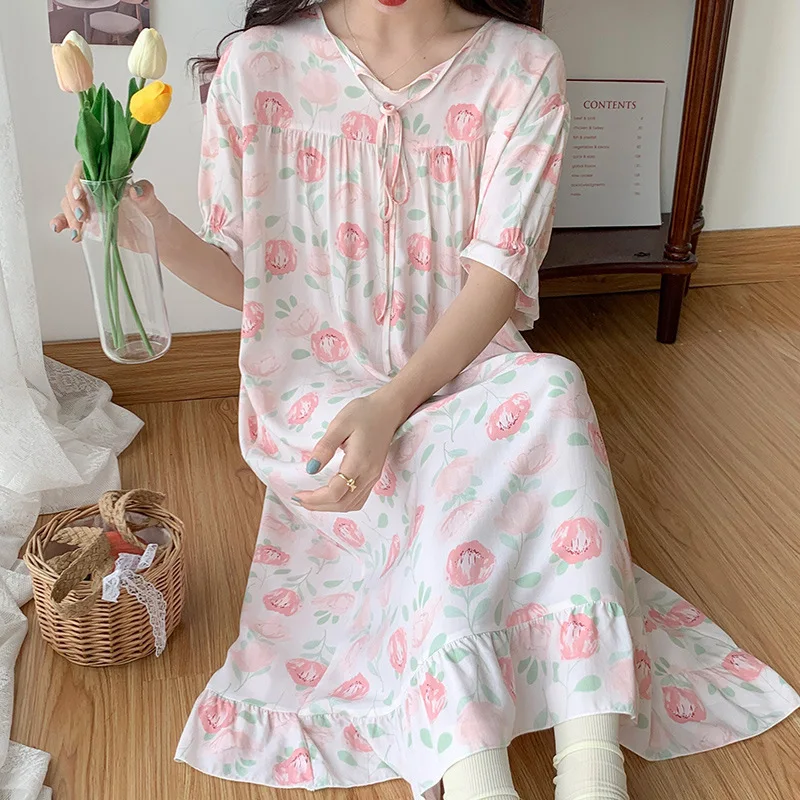 Womens Spring Summer Cotton Short Sleeve Nightgown Dropshipping Nighty Princess Girls Nightdress Ladies Floral Sleeping Dress