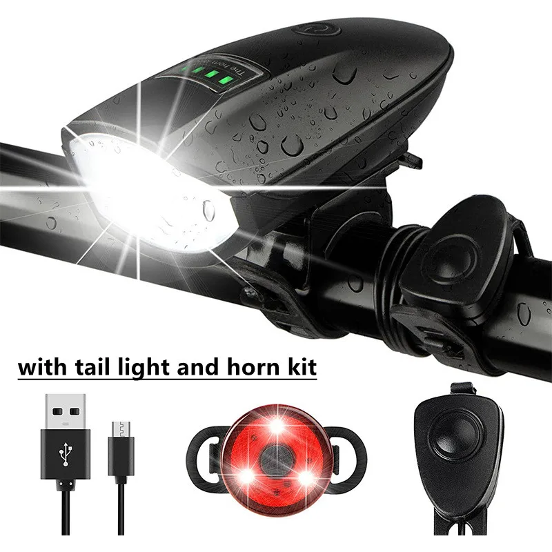 

Bicycle Headlight With Horn MTB Road Bike Light USB Rechargeable Bicycle Light Tail Light Set With Battery Indicator And Horn
