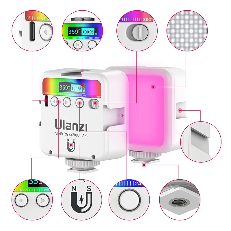 VIJIM Ulanzi VL49 RGB Светодиодная лампа для камеры 2500K-9000K 800LUX магнитный мини-светильник 3 Холодный башмак 2000 мАч Type-C для Youtube