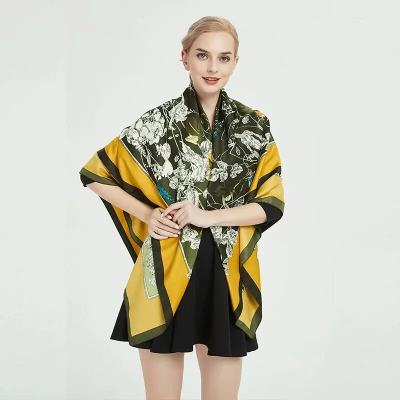 Женский саржевый шелковый шарф-повязка на голову с цветами и птицами, джунглей, золотая птица, Солнцезащитная шаль, большой квадратный шарф, новинка весны