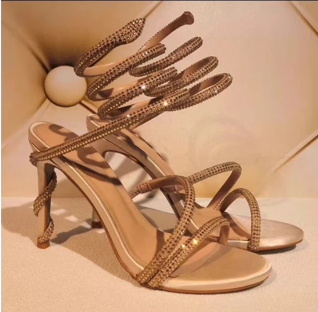 

2023 new summer diamond ribbon serpentine fashion high heels, thin heels, round head open-toed women's sandals