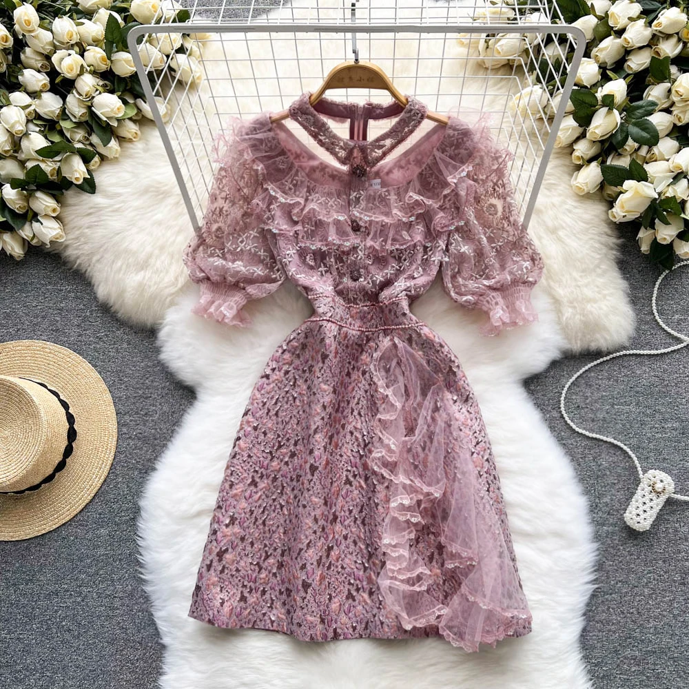 

Women New Fashion Summer Lapel Gauze Stitching Ruffle Elegant Dress Slim Jacquard Short Sleeve Party Clothes Vestidos G800
