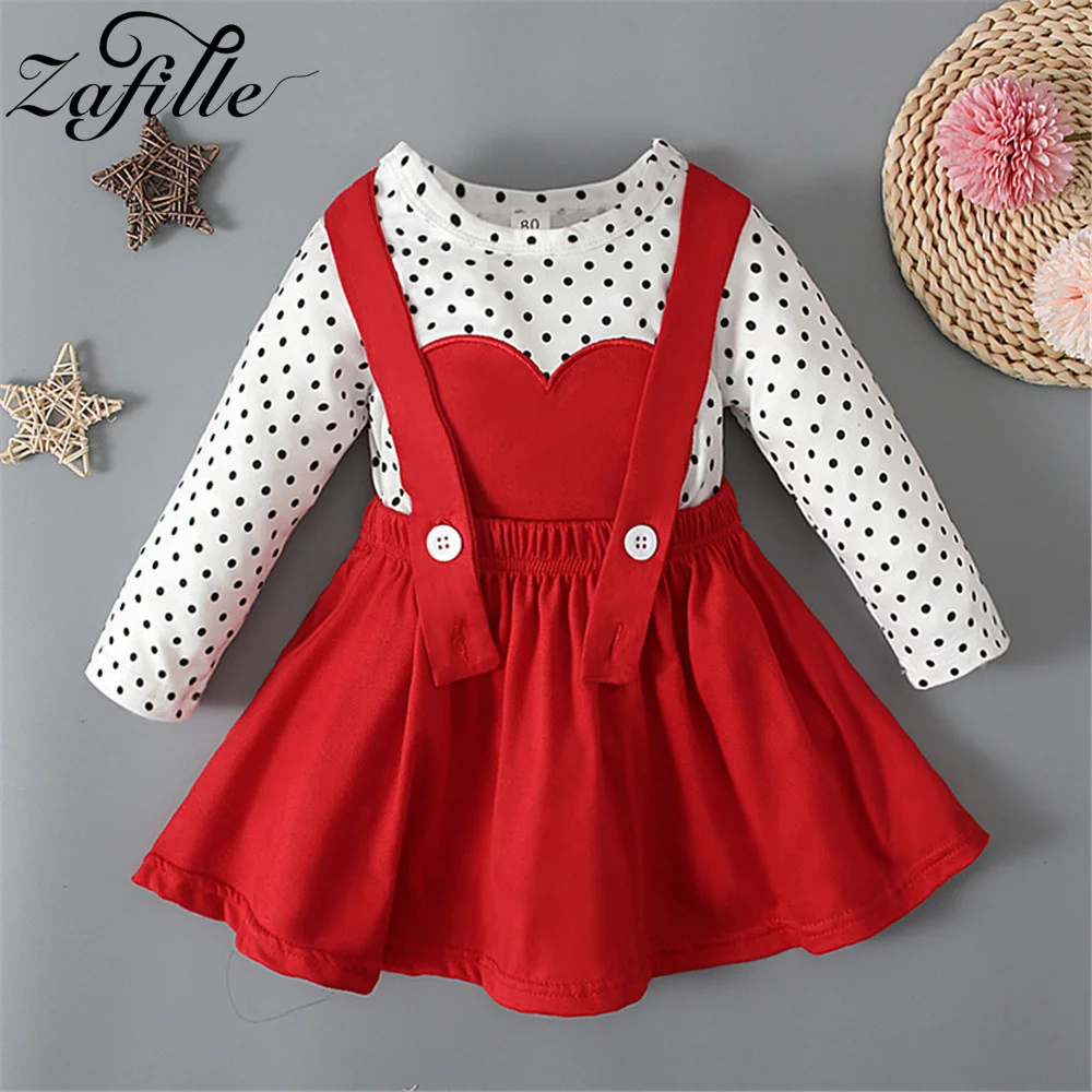 

ZAFILLE 2Pcs Kids Girls Clothing Valentine's Day Baby Costume Dots Heart Print Top+Strape Dress Sweet Toddler Girls Clothes Set