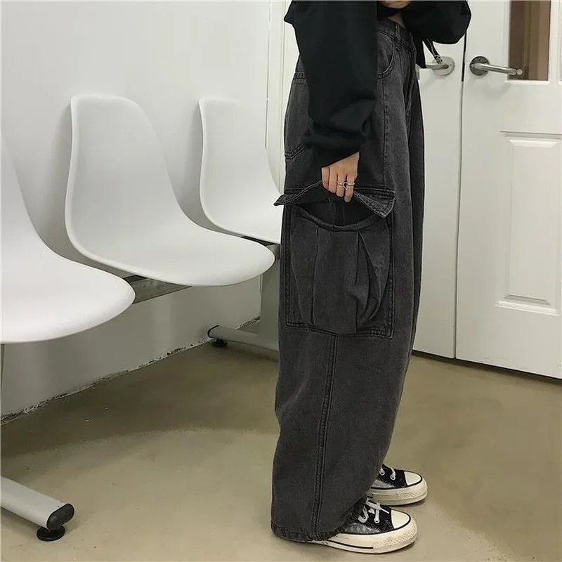 Emo Women Korean Fashion Alt Grunge Streetwear Techwear Baggy Jeans Oversized Pocket Cargo Denim Pants Hip Hop Wide Leg Trousers
