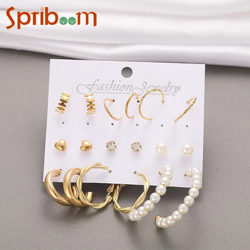 

New Twist Hoop Earrings Set for Women Crystal Imitation Pearls Circle Earring Gold Color Female Party Jewelry Trendy Accessories