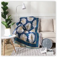 2022 european blue sunflower cotton knitted nap sofa throw blanket thicken pastoral style warm bedspread