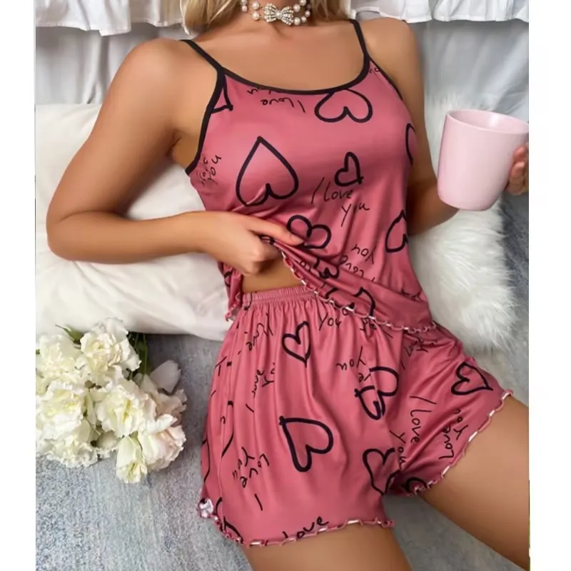 

Slogan & Heart Print Contrast Binding Lettuce Trim Fashion Sexy Home Ladies Underwear Pajamas Set