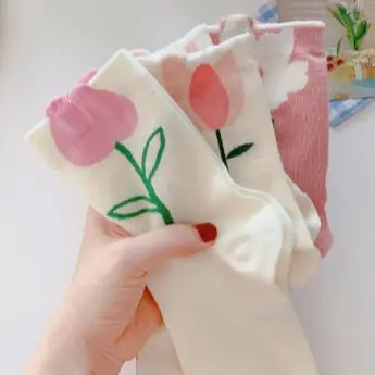 Yasuk Spring Summer Women's Fashion Sleep Solid Cute Lace Flower Casual Comfortable Heigh Tube Stocking Pile Loose Socks 6Pcs