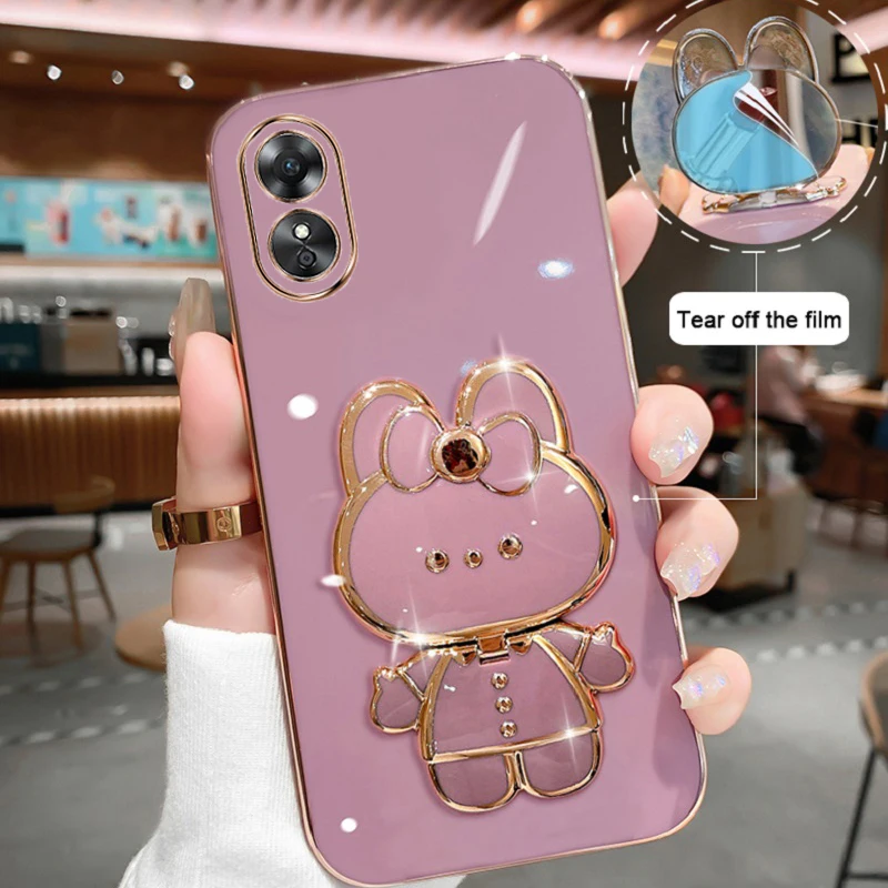 

For OPPO A17 Phone Case Soft Silicone Solid Color Plating Cartoon Rabbit Fold Stand Makeup Mirror Bracket Cover