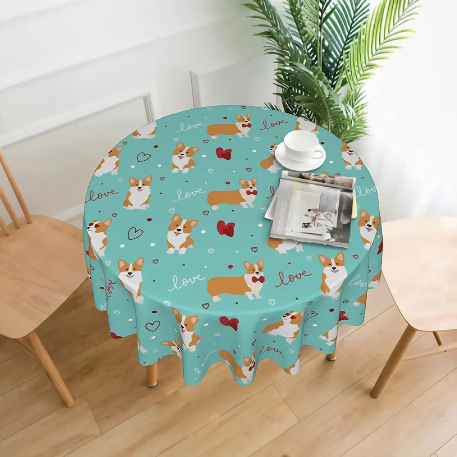 

Happy Valentine's Day Tablecloth Round Corgi Dog Circular Table Cover Animal Love Pet Table Covers Table Cloth Tablecloth