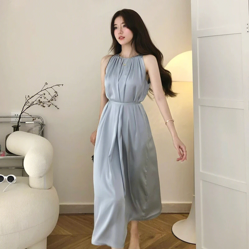 

Женское атласное платье без рукавов, винтажное длинное плиссированное платье с круглым вырезом, элегантные праздничные платья, лето