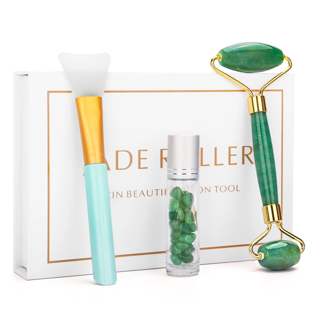 

Jade Roller Facial Face Jade Massage Roller Rose Quartz Scraper Jade Massager Tools with Jade Roller Oil Bottles & Mask Brush