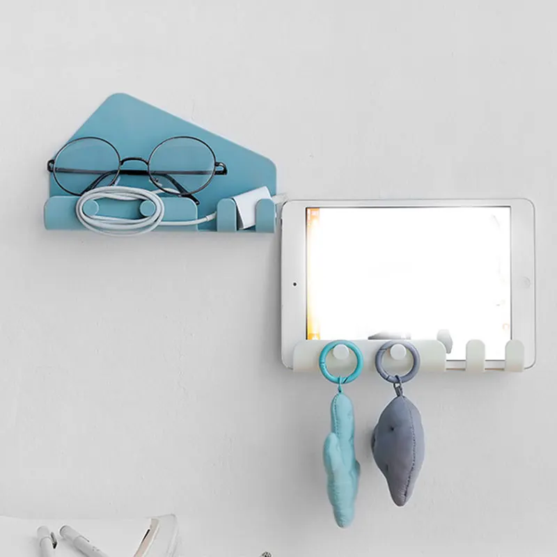 

Wall Mounted 4 Hooks Charger Holder Convenient Hook Plastic Hanging Tablet Charging Stand Bracket Storage Supplies Sticky Hooks