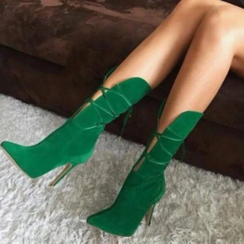 Sexy High Heels Green Boots For Women Lace Up Mid Calf Booties Pointed Toe Fashion Flock Lady Party Shoes Spring Female Botas