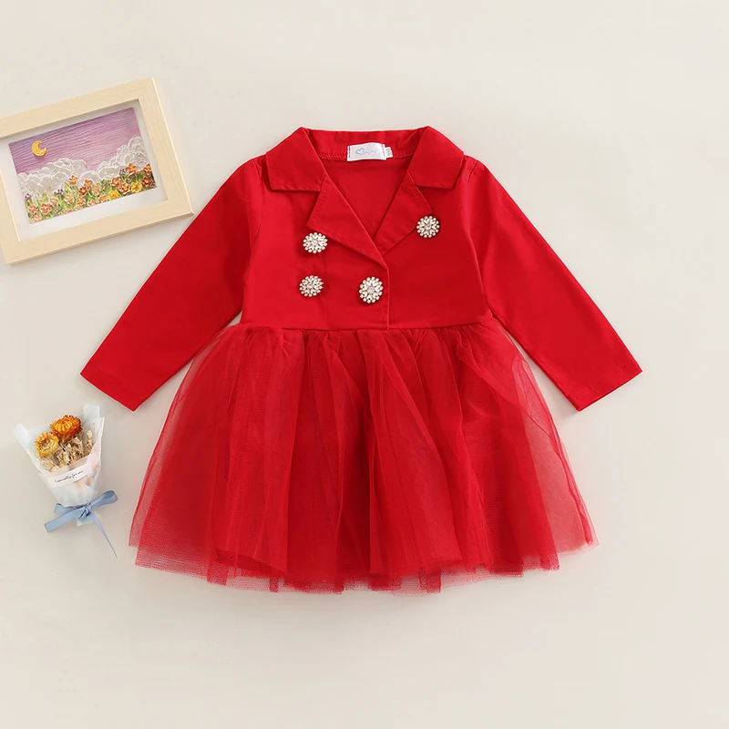 

Kid Girls Fashion Dress Notch Lapel Delicate Buttons Long Sleeve High Waist Patchwork Mesh Tulle Hem Dresses