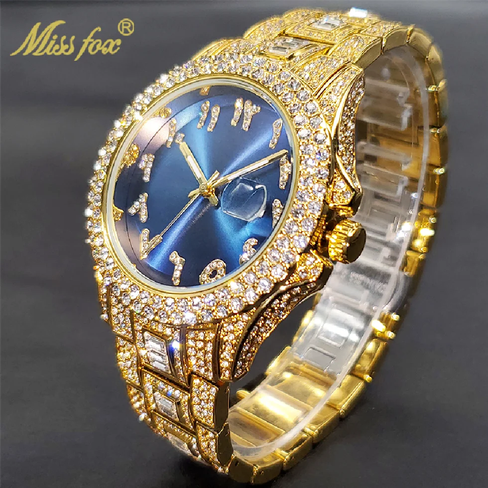 

Luxe Golden Men Watch Auto Calendar Waterproof Couple Watches Royal Blue Dial With CZ Arabic Numbers Baguette Bracelet Timepiece