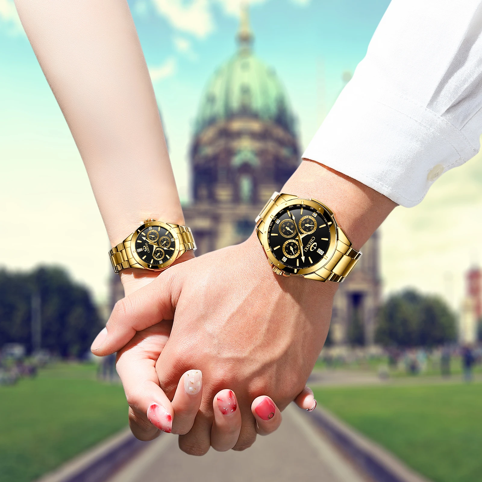 CHENXI New Luxury Golden Dial Couple Mens Women Watches Fashion Quartz Watch Stainless Steel Business Luminous Waterproof Clock