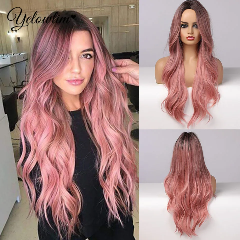 YELOWTIM Синтетический парик из волос от черного до розового цвета натуральный