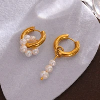 natural pearl asymmetrical pendant earrings 18k titanium steel gold metallic geometric earrings womens elegant classic earrings