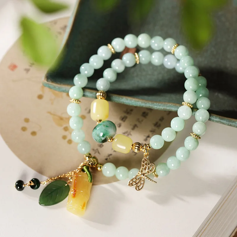 

S925 Sterling Silver Natural Jadeite Beeswax Light Luxury Fine Fashion Women's Elastic Force Butterfly Leaf Bracelet MeiBaPJ FS