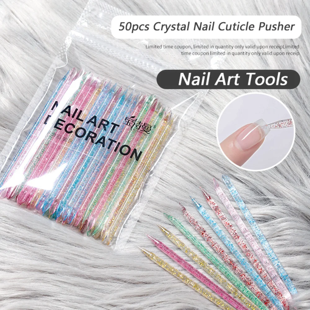 

50pcs Nail Cuticle Pusher Crystal Double End Reusable Manicures Dead Skin Remove Pedicure Sticks Fork Nail Art Clean Care Tool