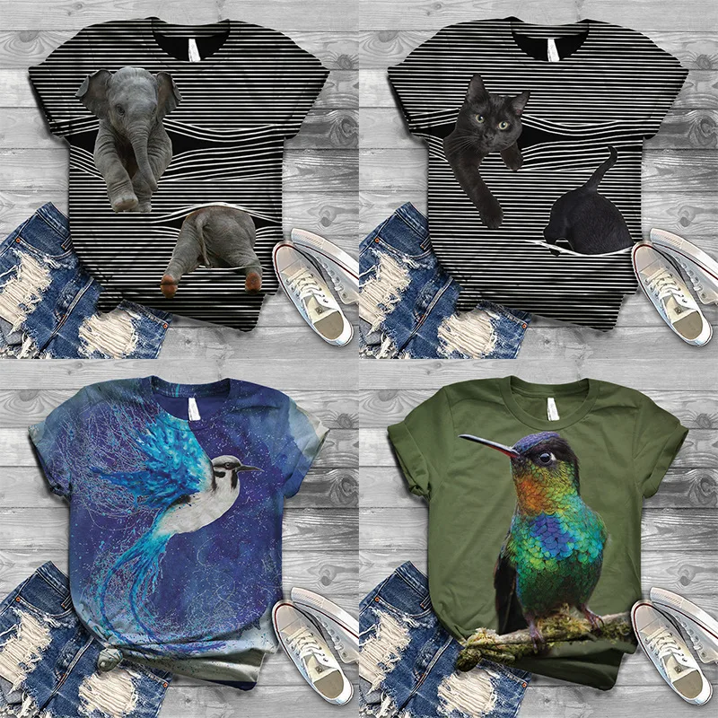 

Летняя новая модная футболка с 3D принтом кошки и птицы, уличная футболка с коротким рукавом и круглым вырезом, альтернативный Топ, 2022