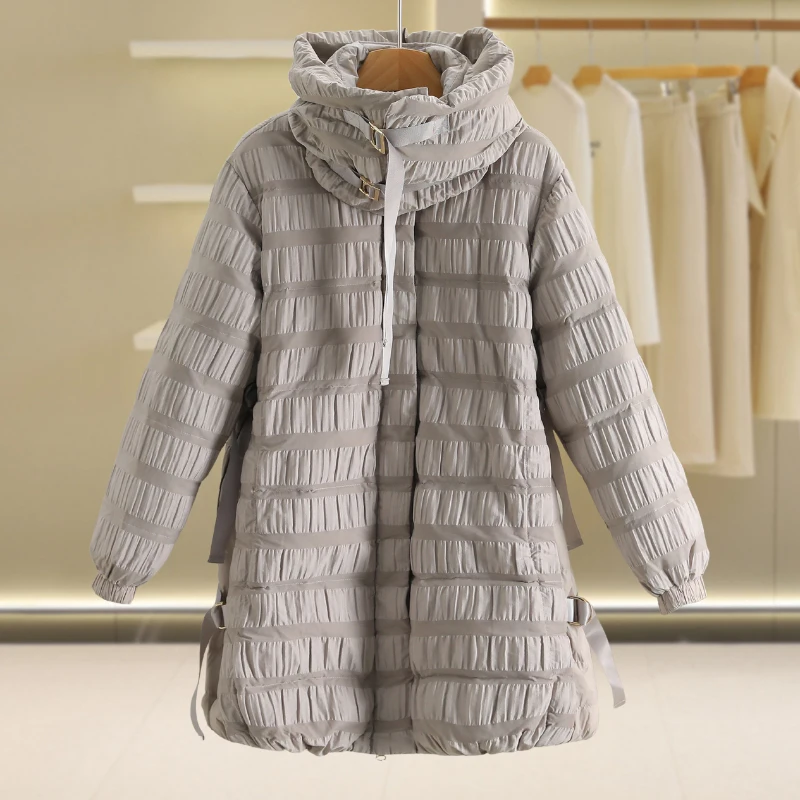 [Yao] 90 однотонный пуховик средней длины с воротником-стойкой на белом утином пуху