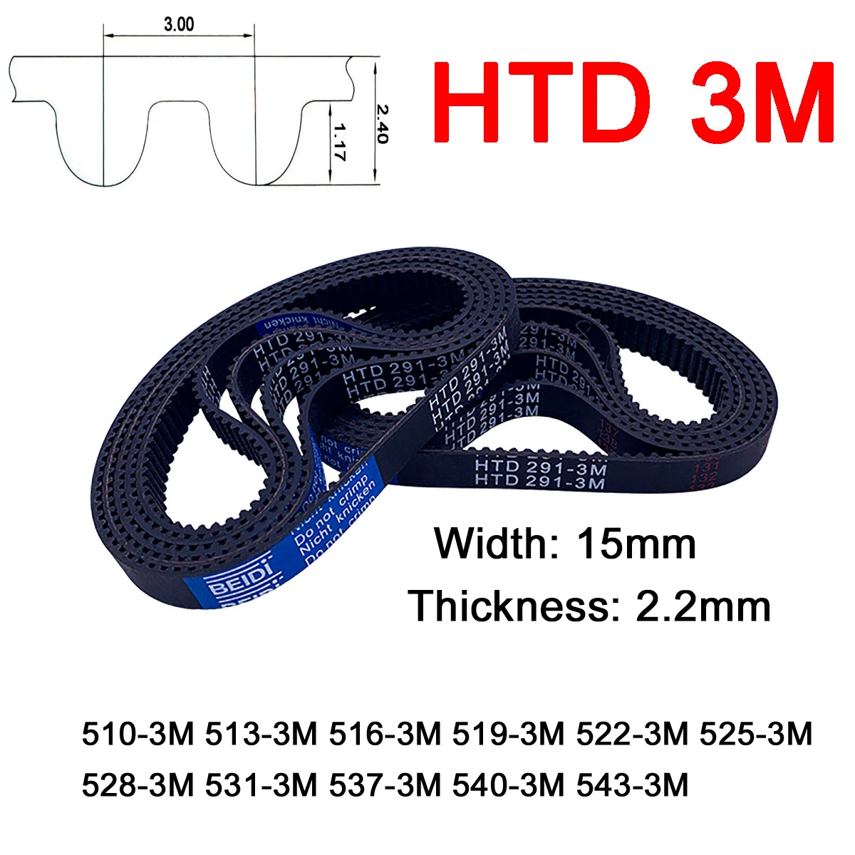 

1Pc Width 15mm 3M Rubber Arc Tooth Timing Belt Pitch Length 510 513 516 519 522 525 528 531 537 540 543mm Synchronous Belt