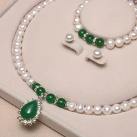 natural freshwater pearl green agate pendant necklace mothers day gift clash colored pearl bracelet earring necklace for women