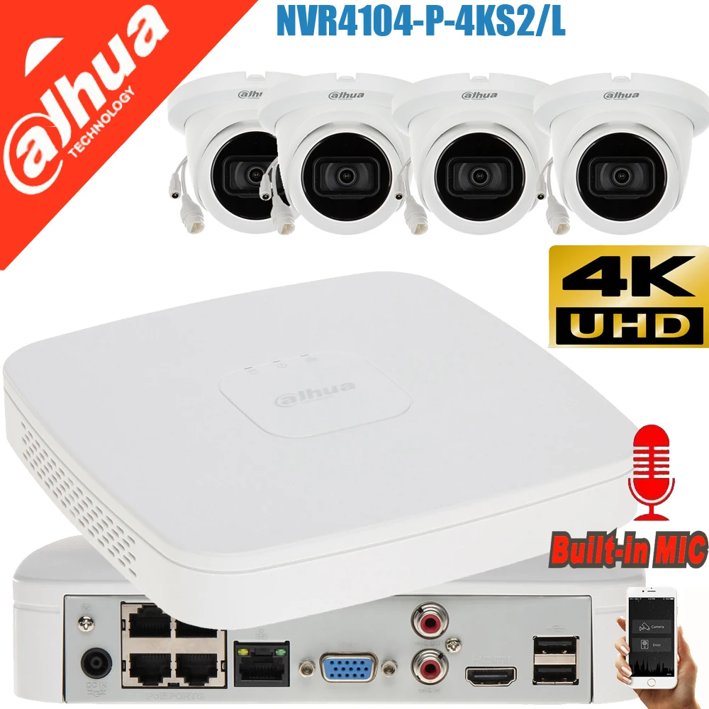 

Dahua mutil language 4K H.265 NVR4104-P-4KS2/L 4ch POE IP Camera kits with 4K IPC-HDW2831T-AS audio System Security Camera kit