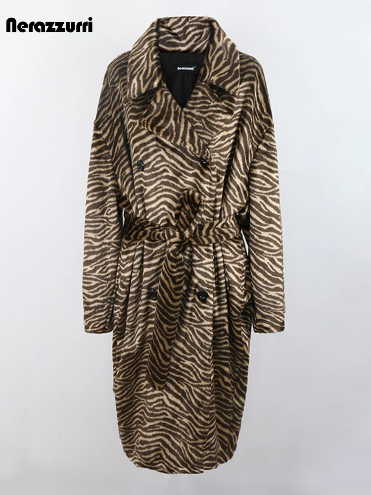 

Nerazzurri Winter Long Oversized Warm Soft Fluffy Zebra Print Faux Fur Coat Women Belt Double Breasted Luxury Designer Clothes
