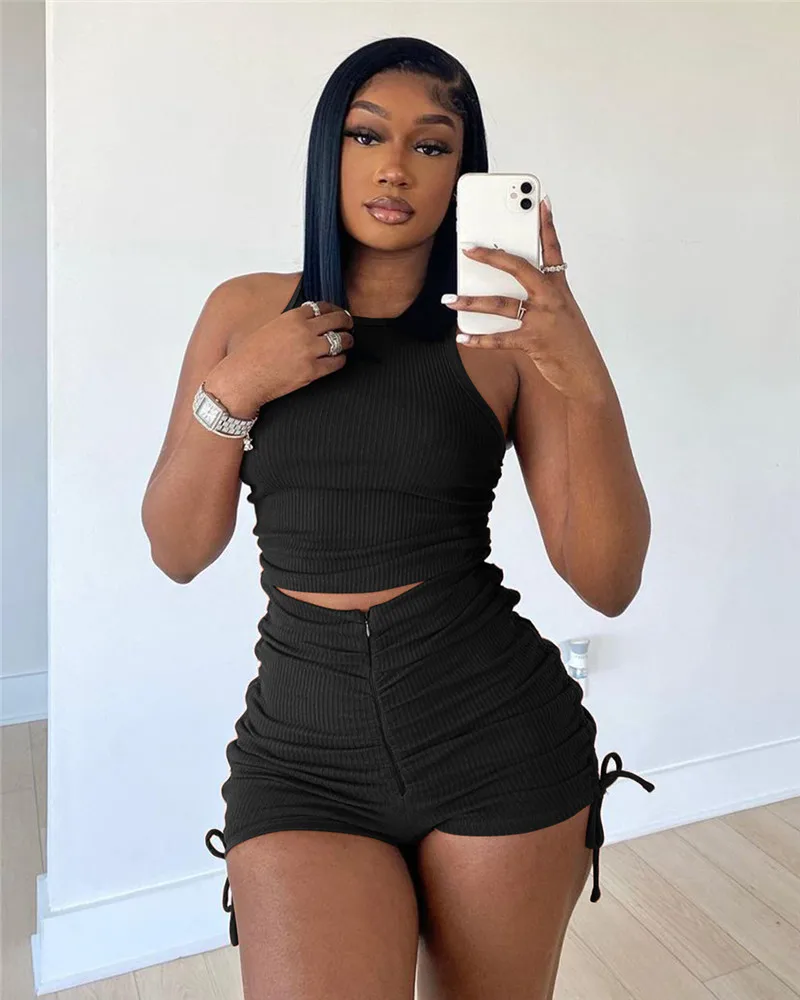 

Sport Summer Clothes for Women 2 Piece Sets Drawstring Zipper Rib Shorts and Crop Top Casual Sexy Outfits Streetwear