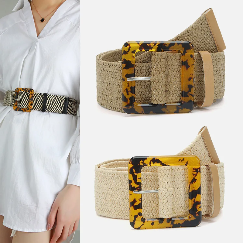 Straw Woven Women Elastic Leopard Print Resin Buckle Fashion Dress Wide Belt Girls Clothes Accessories Luxury Belts