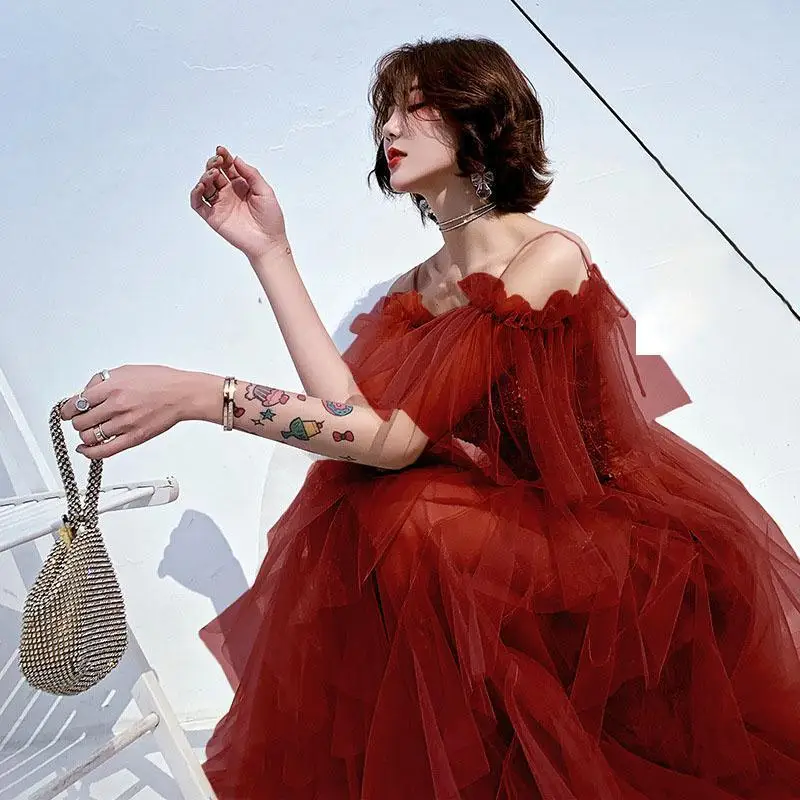 

Christmas Red Evening Party Dress Spaghetti Strap Maxi Elegant Off Shoulder Sequins Mesh Runway Dresses Bodycon Qipao Vestidos