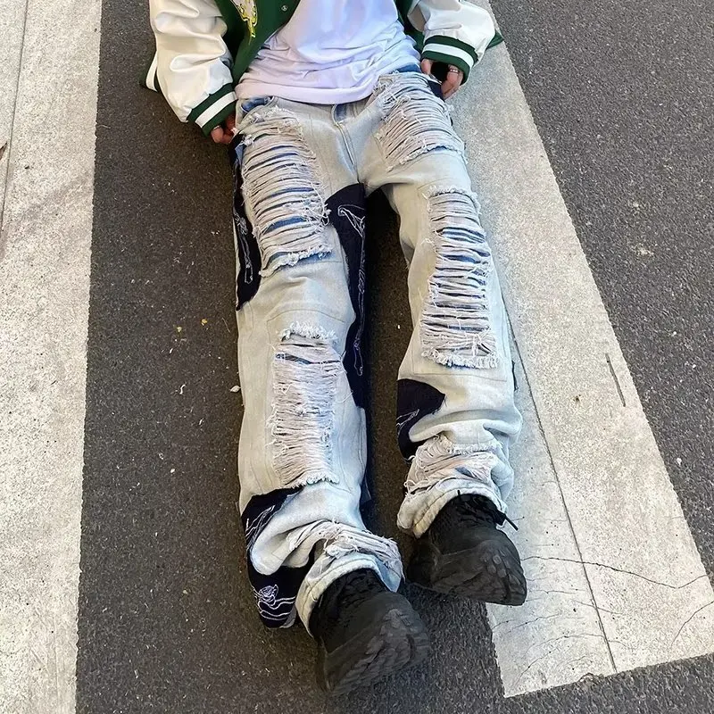 American High Street Distressed Embroidered Ripped Mens Jeans Loose Straight Hiphop Brand Frayed Wide-leg Trend Trouser for Men